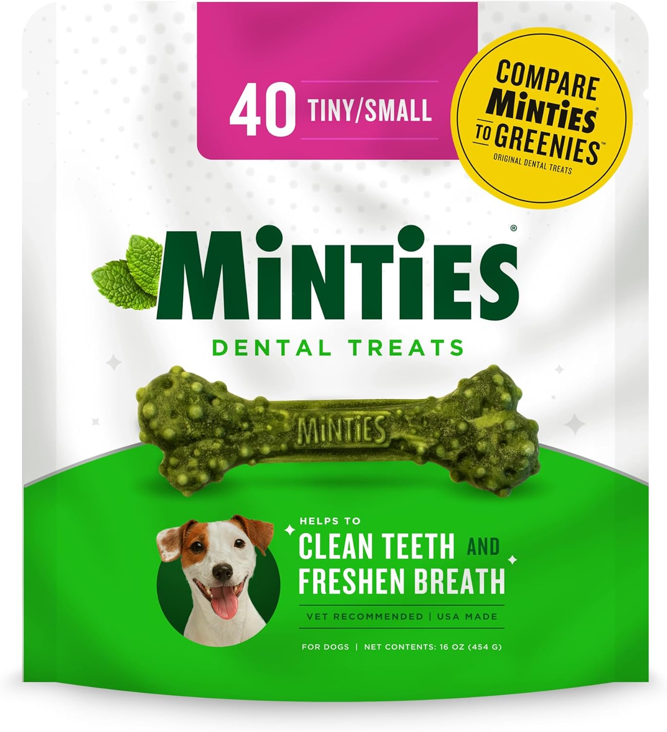 Minties Dental Chews for Dogs, 40 Count, Vet-Recommended Mint-Flavored Treats for Tiny/Small Dogs 5-24 lbs, Dental Bones Clean Teeth, Fight Bad Breath, and Removes Plaque and Tartar