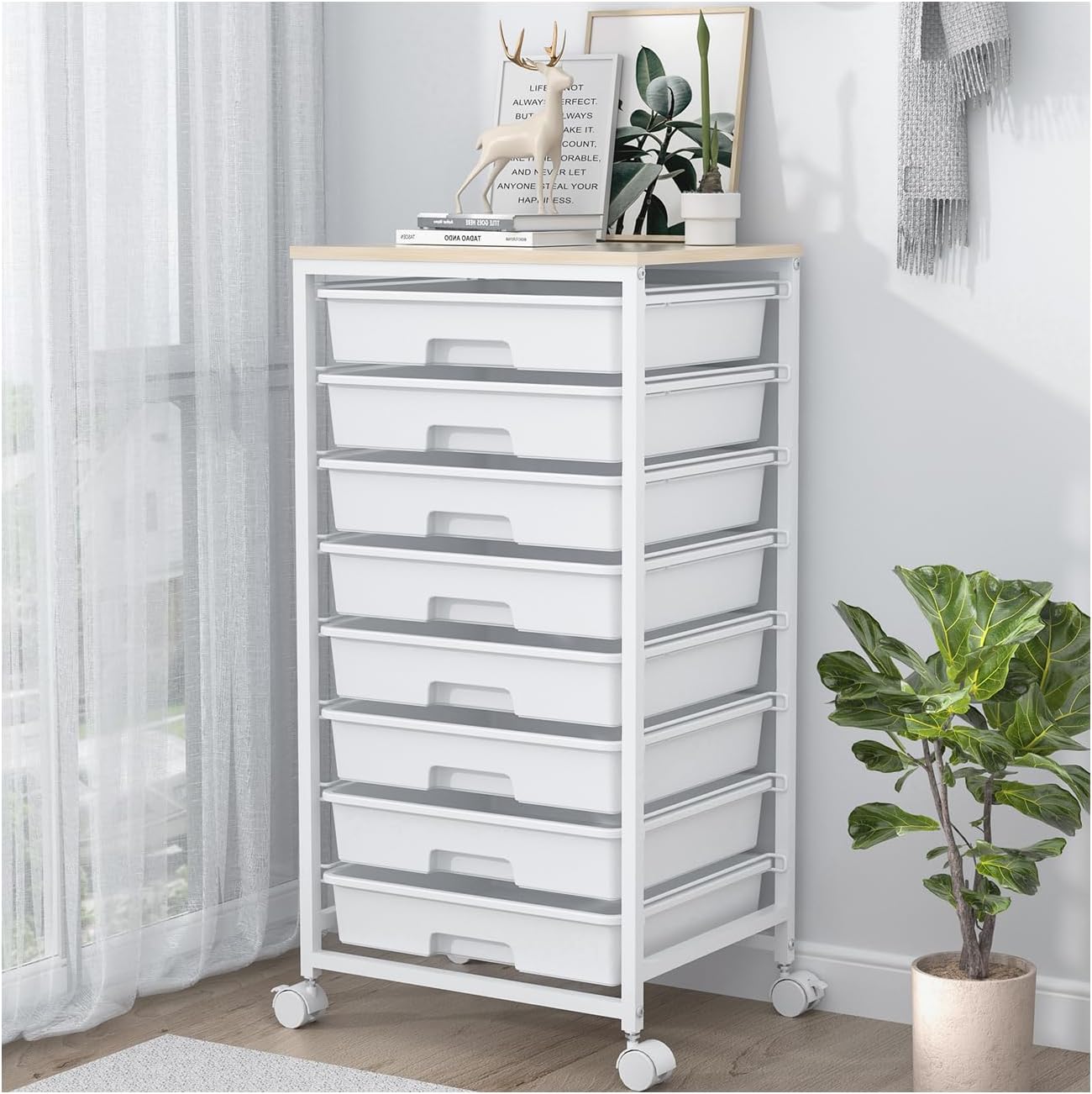 Rolling Storage Cart with Drawers,Utility Cart with 8 Drawers and Wooden Tabletop,Rolling Drawer Cart,Storage Drawer Cart for Living Room,Classroom,Bedroom,Bathroom,Dorm,Office,Bright White