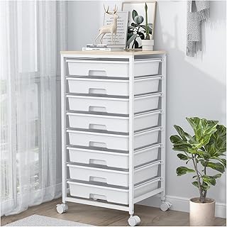 Rolling Storage Cart with Drawers,Utility Cart with 8 Drawers and Wooden Tabletop,Rolling Drawer Cart,Storage Drawer Cart for Living Room,Classroom,Bedroom,Bathroom,Dorm,Office,Bright White
