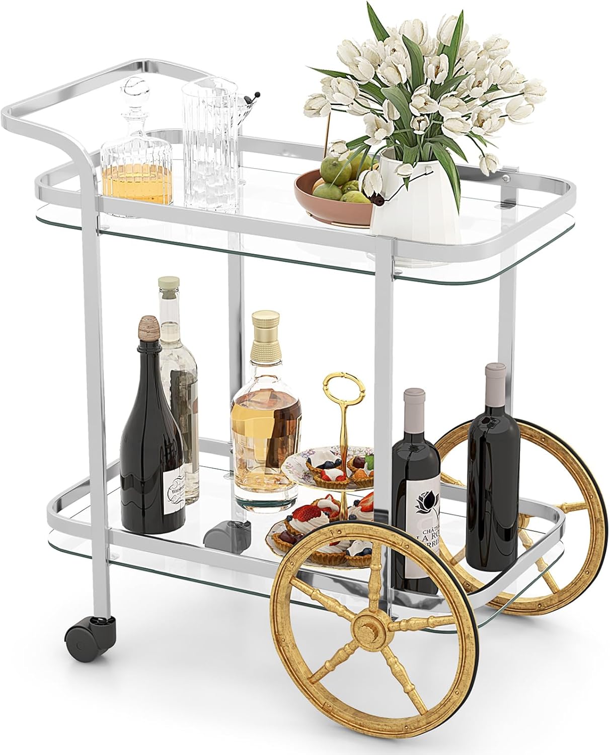 Tangkula Bar Cart for The Home, 2-Tier Rolling Tempered Glass Serving Cart, 2 Large Gold Aluminum Wheels & 2 Casters, Handle, Stainless Steel Frame, Modern Wine Cart for Kitchen Dining Room