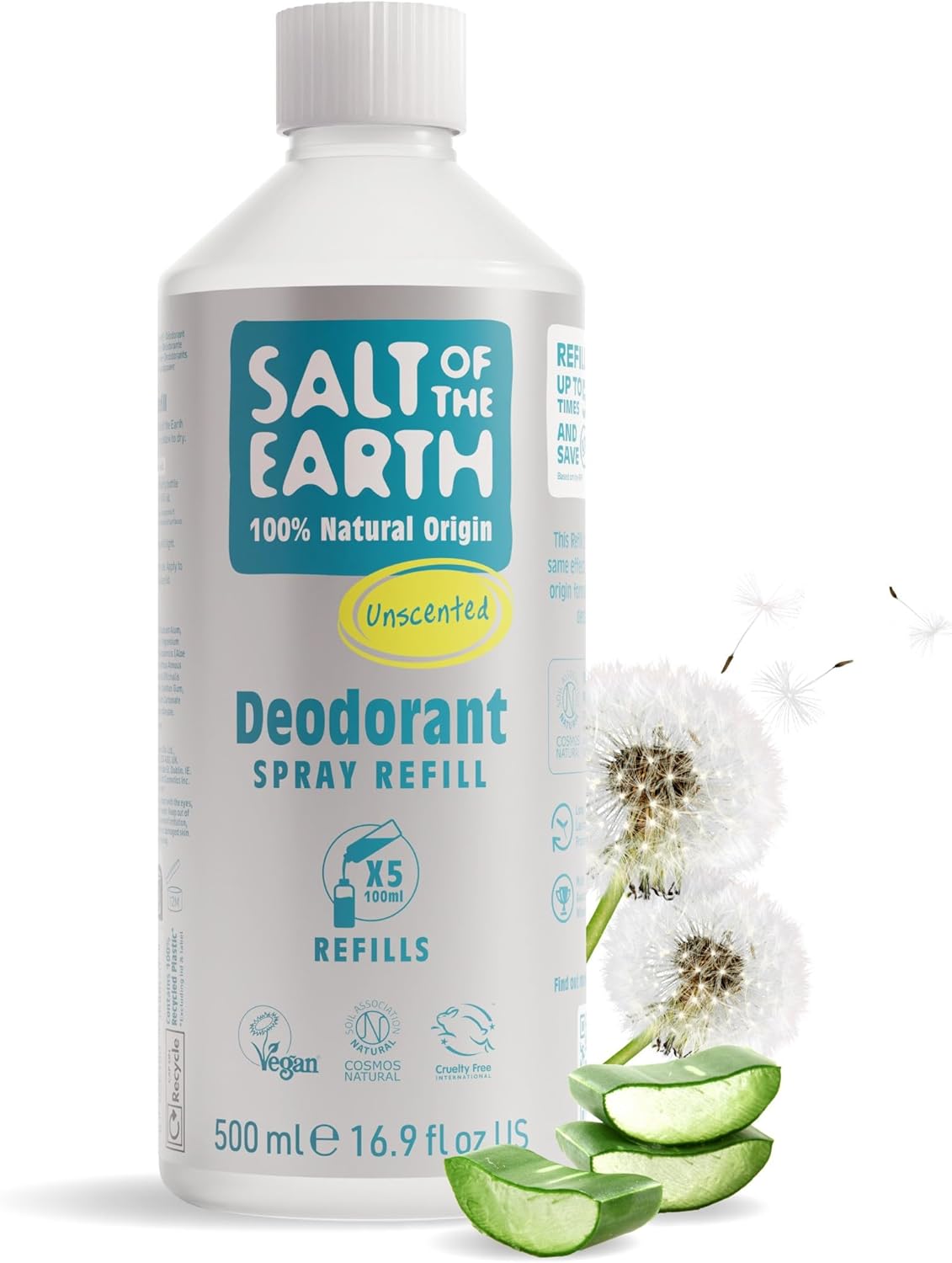 Salt of the Earth - Natural Deodorant Spray Refill - Unscented - 100% Natural Origin Ingredients - Vegan - Suitable for Men, Women & Children - 500ml