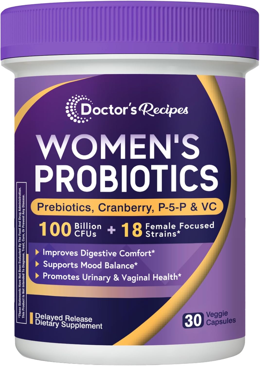 Doctor's Recipes Probiotics for Women, 100 Billion CFU, 18 Probiotic Strains, Prebiotics, Cranberry, P-5-P & VC, Vaginal, Digestive & Immune Support, Shelf-Stable, 30 Vegan Caps
