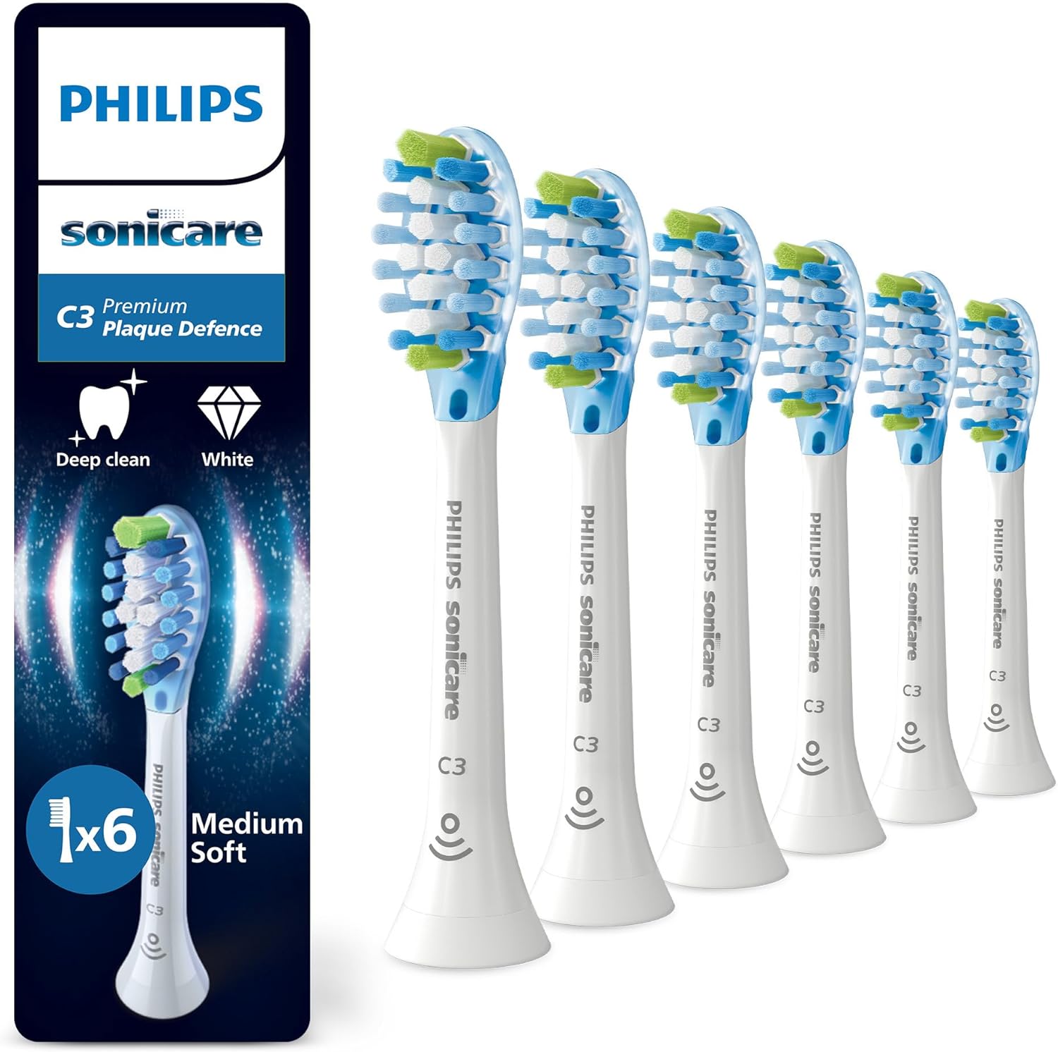Philips Sonicare C3 Premium Plaque Defence, Genuine Replacement Toothbrush Heads, White, 6 Pack, HX9046/87