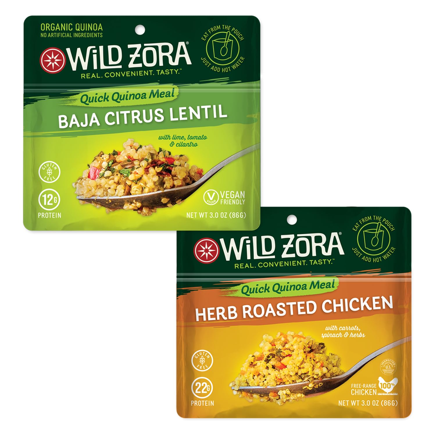 Wild Zora Instant Organic Quinoa Meals - Quick & Tasty Prepared Quinoa Bowls, Pantry Staples Gluten-Free Meal with Lentils Plus 10g Olive Oil Packet - Best Sellers Variety (2-Pack)
