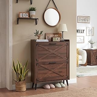 Shoe Storage Cabinet,Farmhouse Shoe Organizer with 2 Flip Drawers & Barn Door Design,Freestanding Hidden Slim Narrow Shoe Rack Cabinet for Entryway,Foyer,Hallway,Walnut