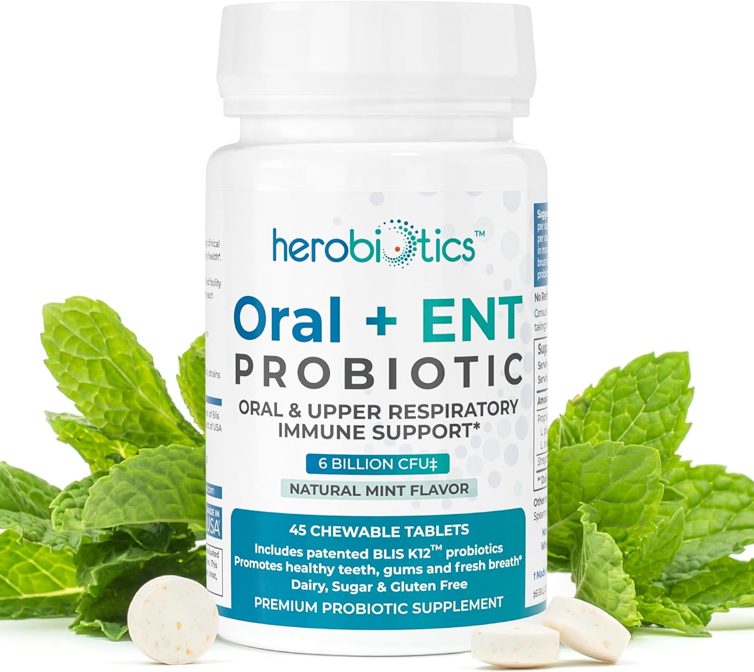 Oral Probiotics for Better Breath, Gingivitis, Strep Throat, Tonsil Stones, ENT - 6 Bn CFU Oral Probiotics with Lactobacillus Reuteri, L. Plantarum & BLIS K12-45 Chewable Tablets