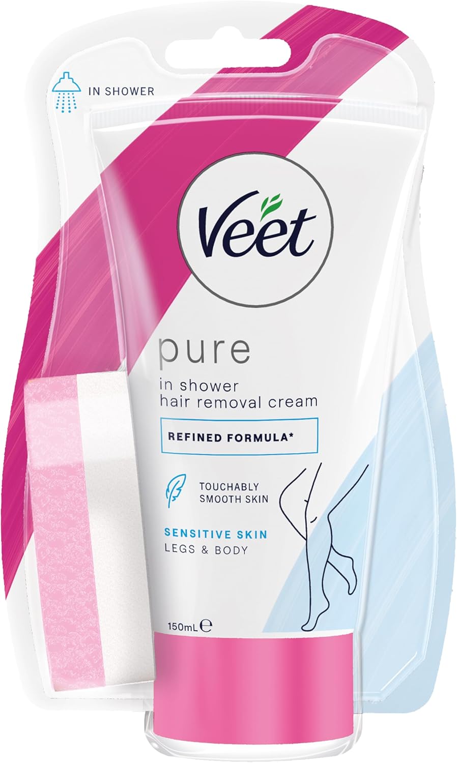 Veet Pure Hair Removal, in Shower Cream, Body & Legs, Normal Skin, 150ml Each, 1 Sponge, Long Lasting Smoothness, Hydrates & Exfoliates Skin, Least Number of Ingredients (Packaging May Vary)