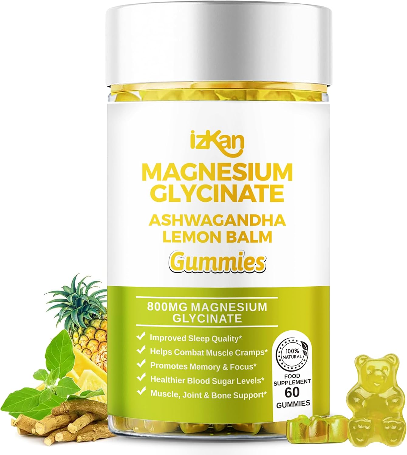 Magnesium Glycinate Gummies 800mg - Sugar Free Magnesium Supplement with Ashwagandha, Lemon Balm Extract & CoQ10 for Calm Mood & Muscle, Sleep Support - 60 Gummies (Pineapple Flavor) (1)