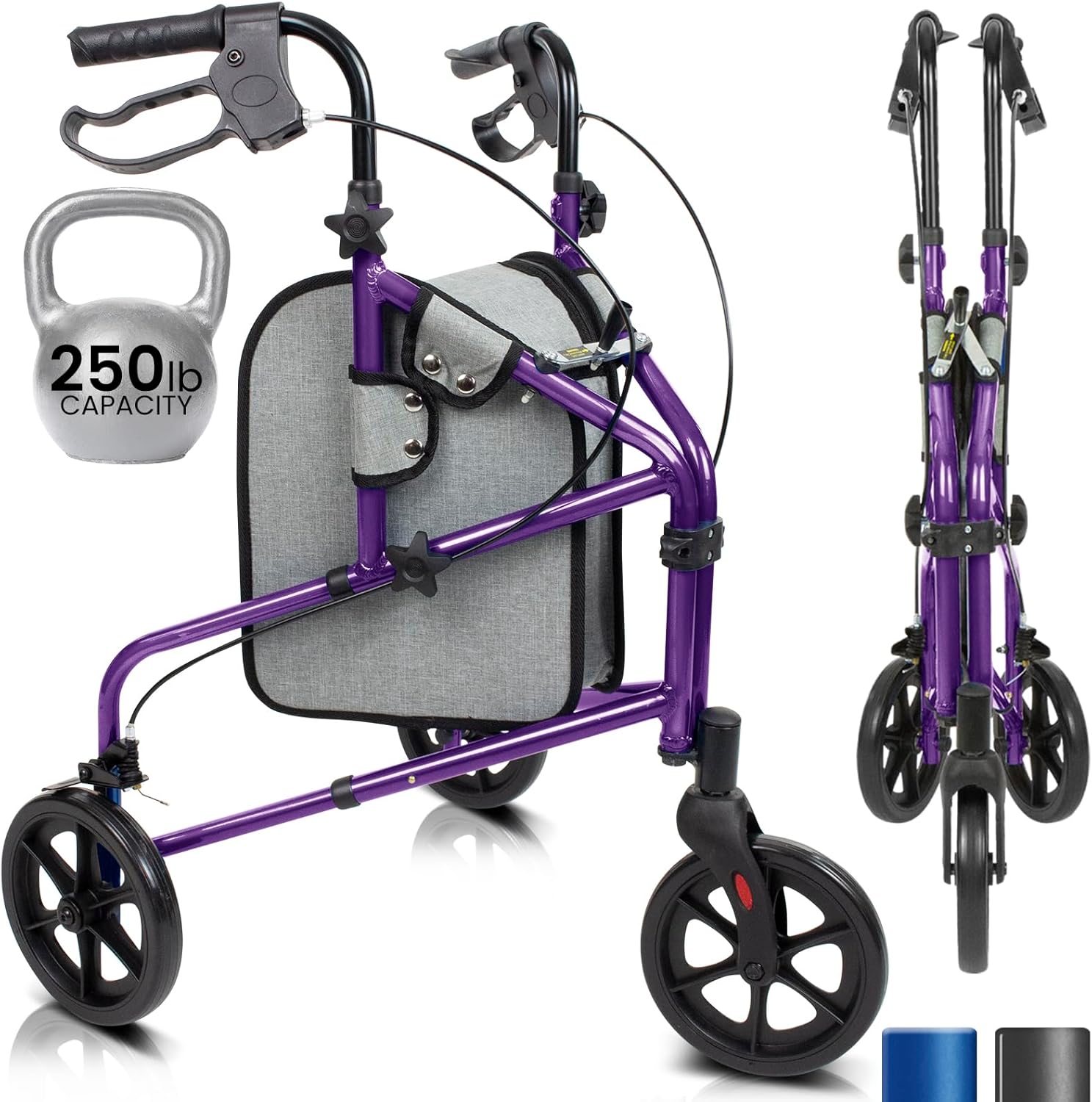 Vive Mobility 3 Wheel Rollator Walker - Lightweight and Foldable for Seniors, Elderly, Men, Women - Folding Heavy Duty Tri-Wheeled for Indoor/Outdoor Use (Purple)