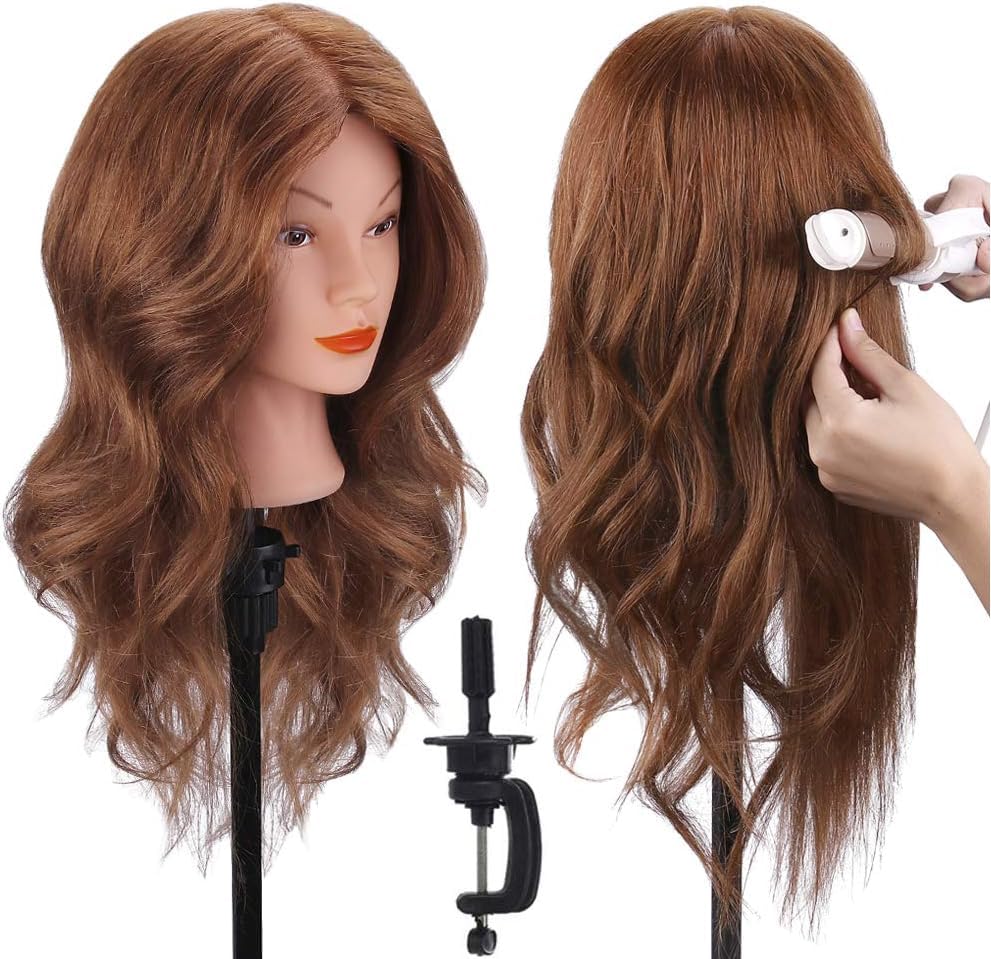 Mannequin Head with 100% Human Hair, TopDirect Real Hair Cosmetology Mannequin Head Hair Styling Hairdressing Practice Training Doll Head with Clamp Holder and Tools (Dark Brown)