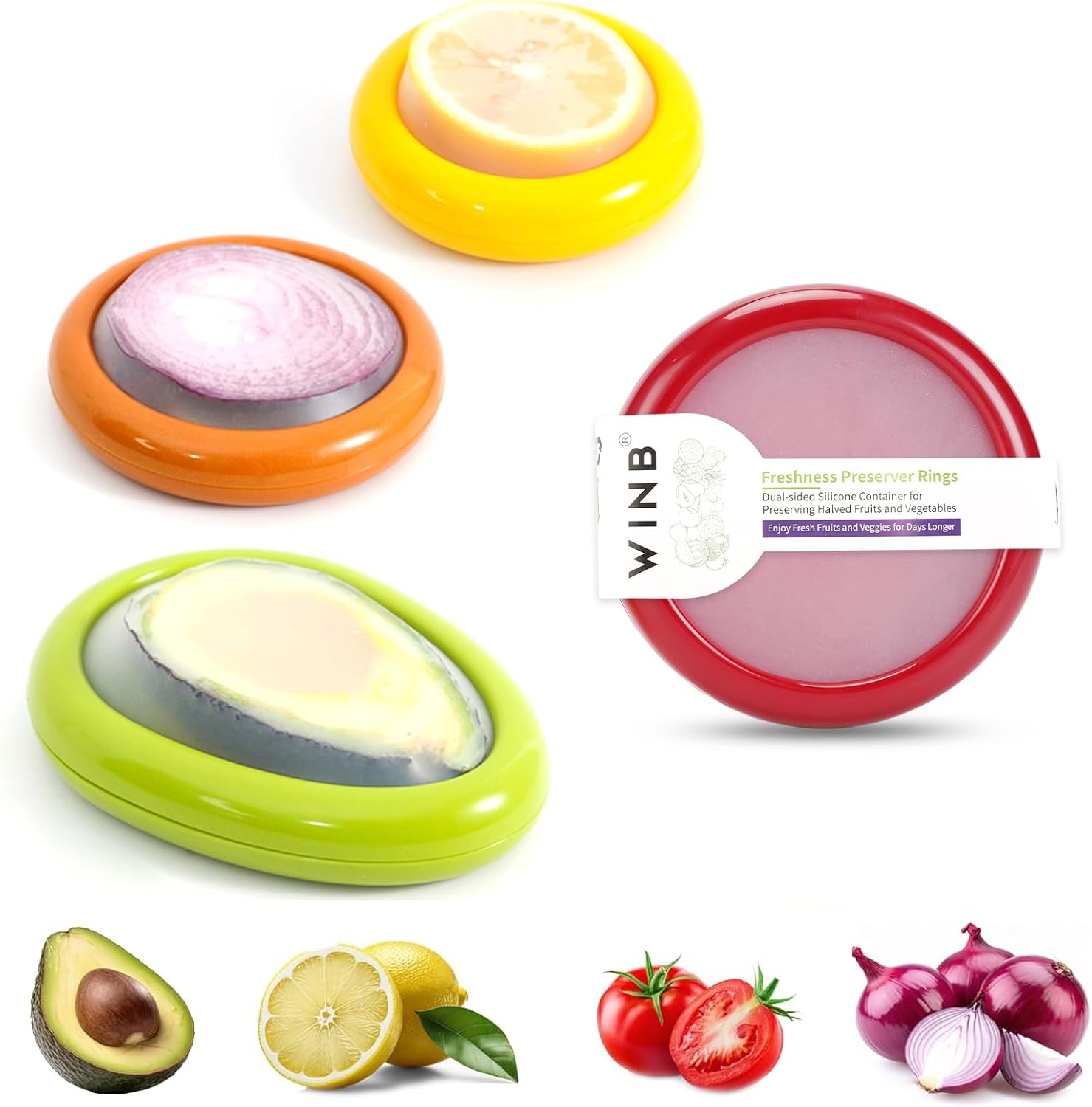Winb Set of 4 Reusable Fruit and Veggie Savers - Ideal for Avocados, Tomatoes, Apples, Garlic, Onions, and More