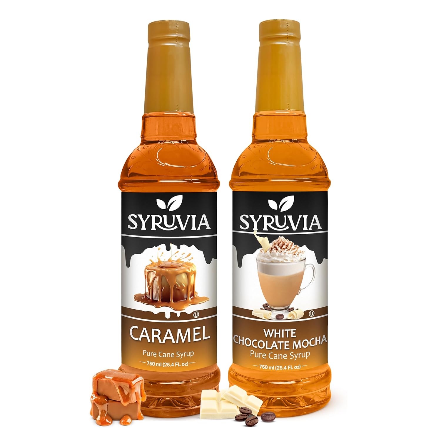 Syruvia Caramel & White Chocolate Mocha Coffee Syrup - 25.4 fl oz Premium Coffee Flavoring Syrup. Kosher and Gluten-Free. Perfect for Drinks, Sodas, Shakes, Desserts, & More.