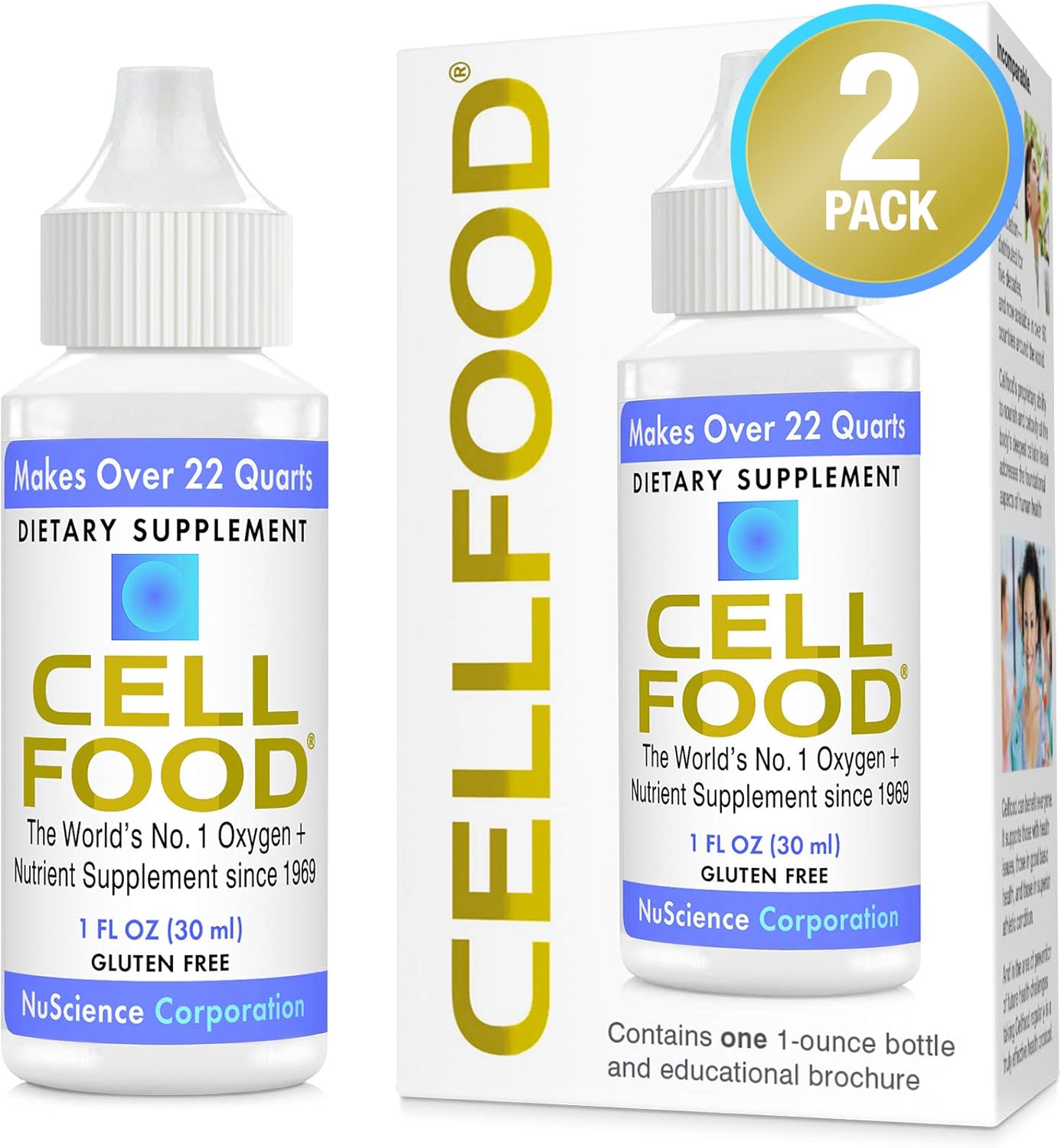 Cellfood Liquid Concentrate - 1 fl oz, 2 Pack - Oxygen + Nutrient Supplement - Supports Immune System, Energy, Endurance, Hydration & Overall Health - Gluten Free, Non-GMO, Kosher - Makes 22+ Quarts