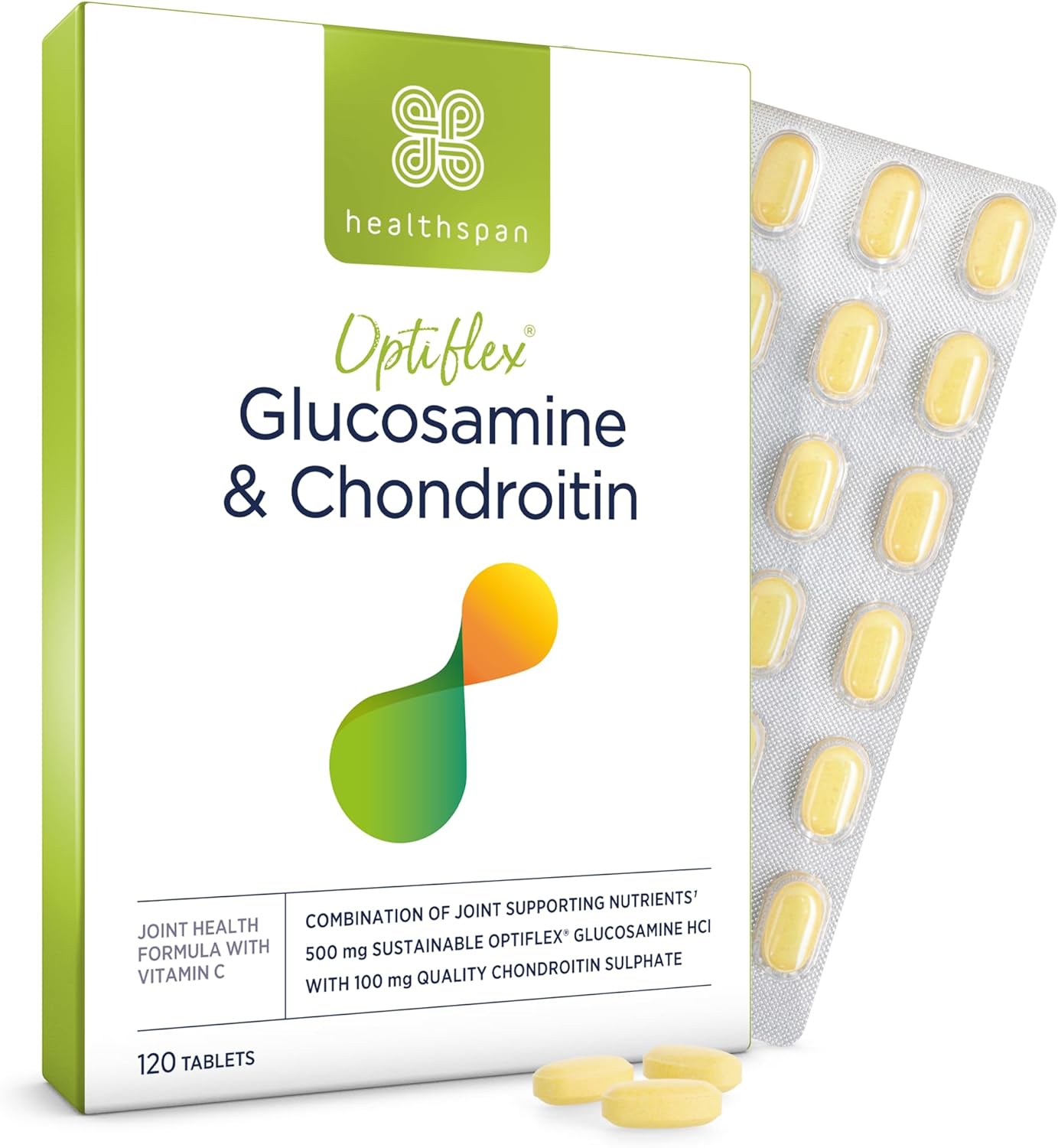 Healthspan Glucosamine and Chondroitin (120 Tablets) | Joint Health | 500mg Optiflex Glucosamine & 100mg Chondroitin Sulphate | 20mg Vitamin C | 40% More Glucosamine Per Gram | Sustainably Sourced