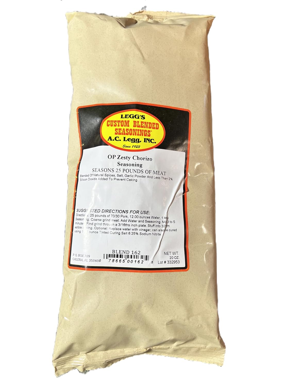 A.C. Legg Custom Blended Seasonings - Zesty Chorizo Mix for 25 Pounds of Meat - 20 Ounces