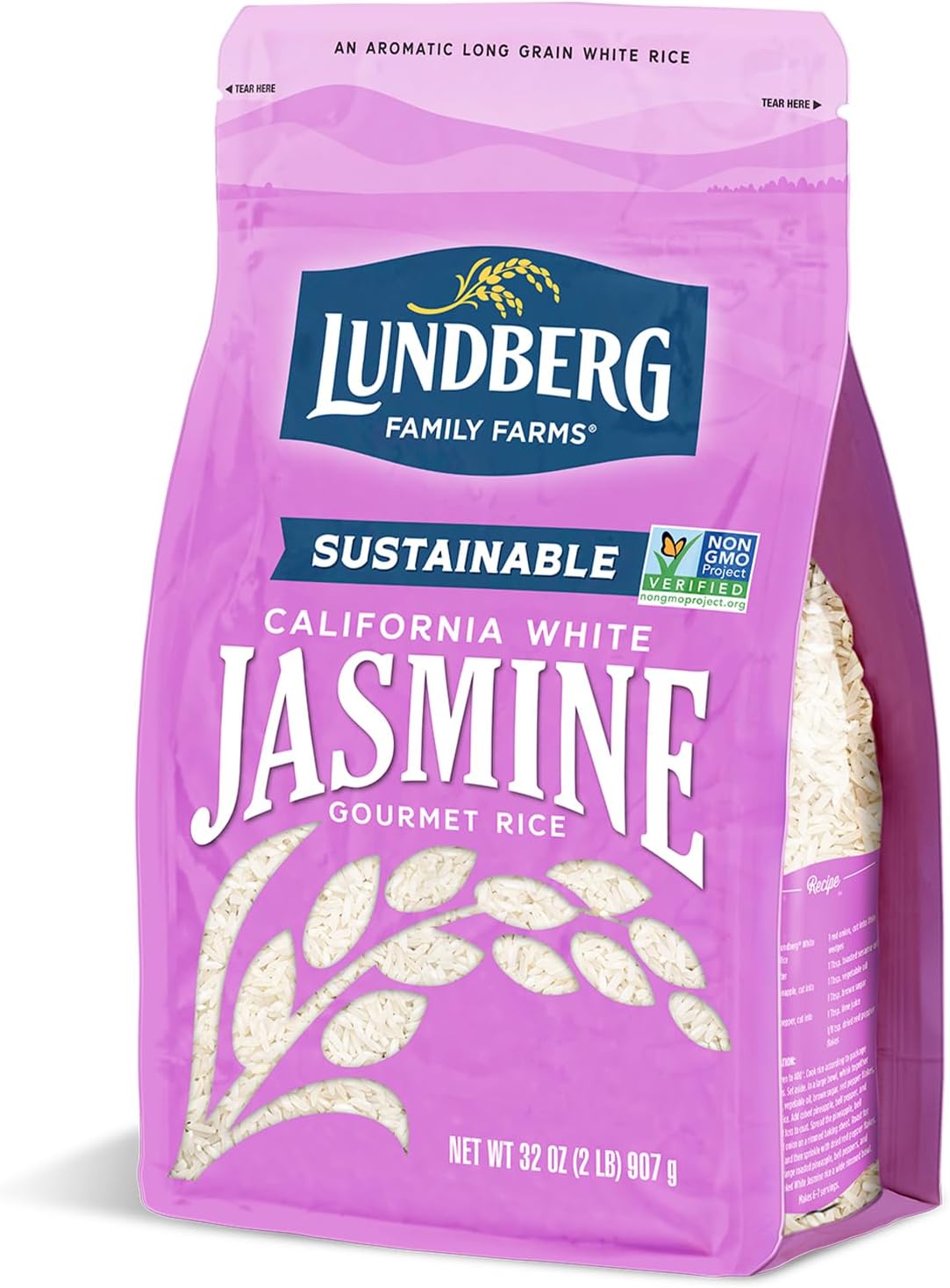 Lundberg Family Farms - California White Jasmine Rice, Floral Scent, Fluffy Texture, Buttery Flavor, Clings When Cooked, Bulk Rice, Pantry Staple, Gluten-Free, Non-GMO, Vegan, Kosher (32 oz, 1-Pack)