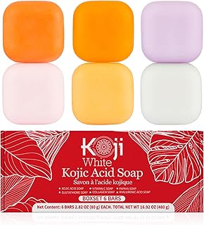 Koji White Kojic Acid Soap, Beauty Gift Set for Women with Kojic Acid, Papaya, Glutathione, Vitamin C, Collagen, Hyaluronic for Skin Brighten, Glowing, Hydrating Facial & Body - Vegan, 2.8 Oz (6 Bars)