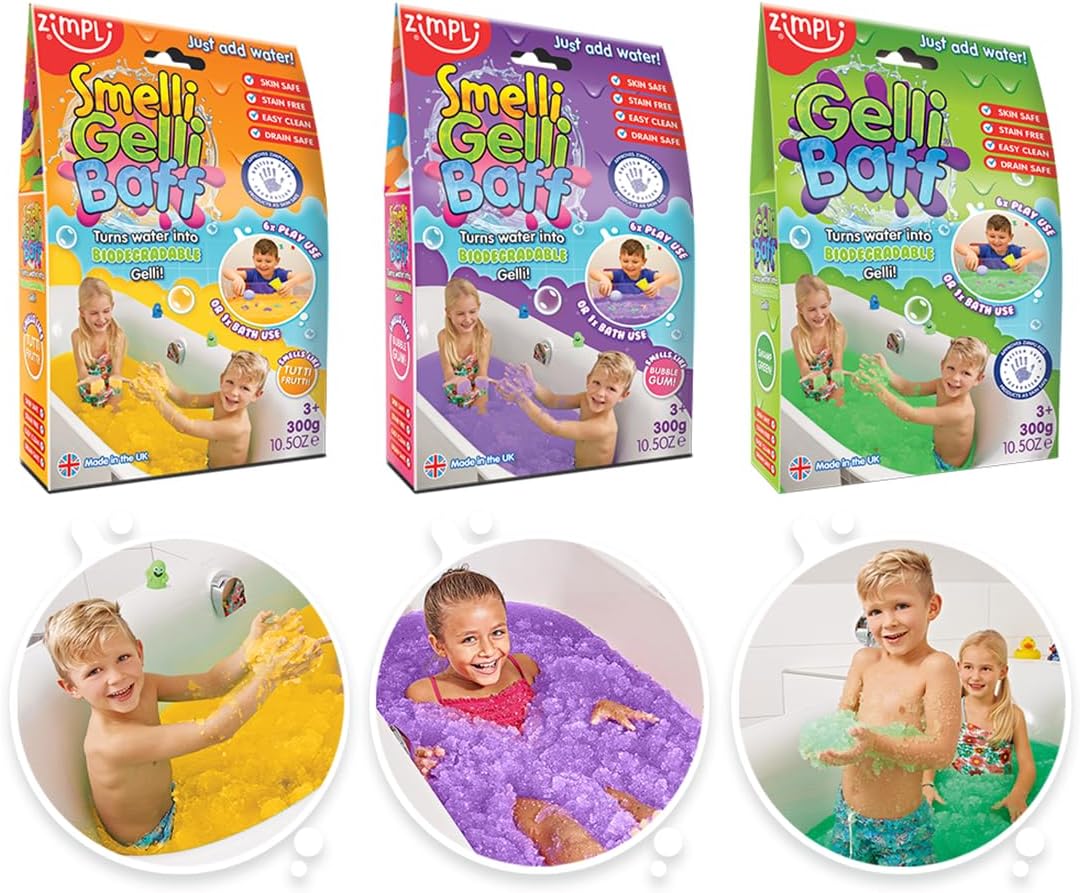 Zimpli Kids 3 x Gelli Baff Tutti Frutti, Bubblegum & Green, Magically turns water into thick, colourful goo, Children's Sensory Bath Toy, Party Bag Fillers, Montessori Toys Gift for Boys & Girls