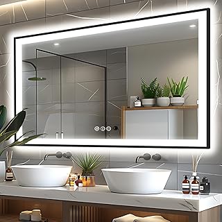 48x32 Light up Bathroom Mirror, Black Rectangle Mirror for Wall, Colors Changeable and Brightness Dimmable CRI90+, Anti-Fog, Shatter-Proof, Touch Screen Mirror, Horizontal/Vertical