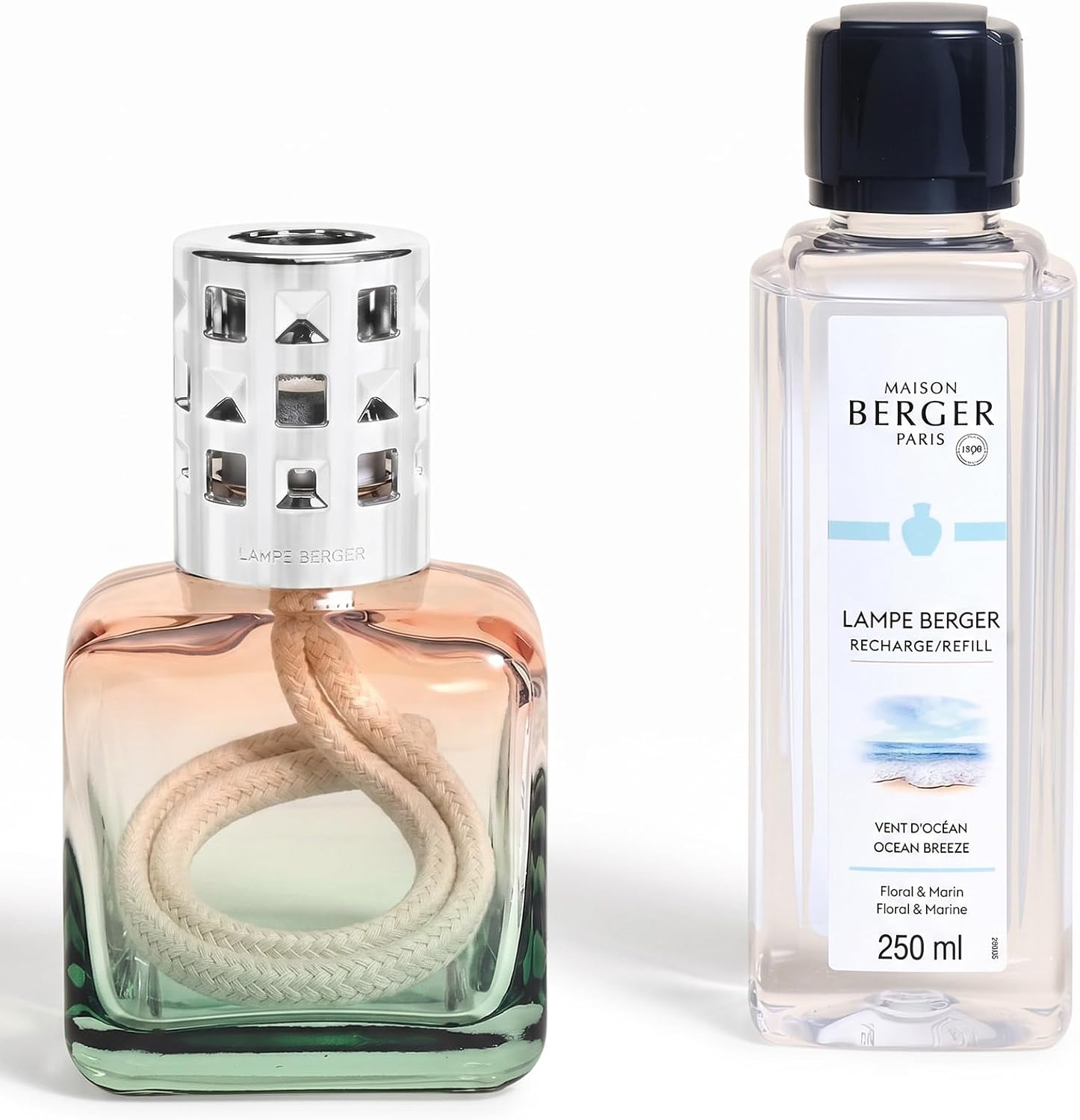 MAISON BERGER Ice Cube Lampe Berger Gift Set, Peach-Green, Ocean Breeze | Lacquered Glass Catalytic Lamp Set, 250 ml Ocean Breeze Refill, Helps Neutralize Odors then Perfumes, Made in France