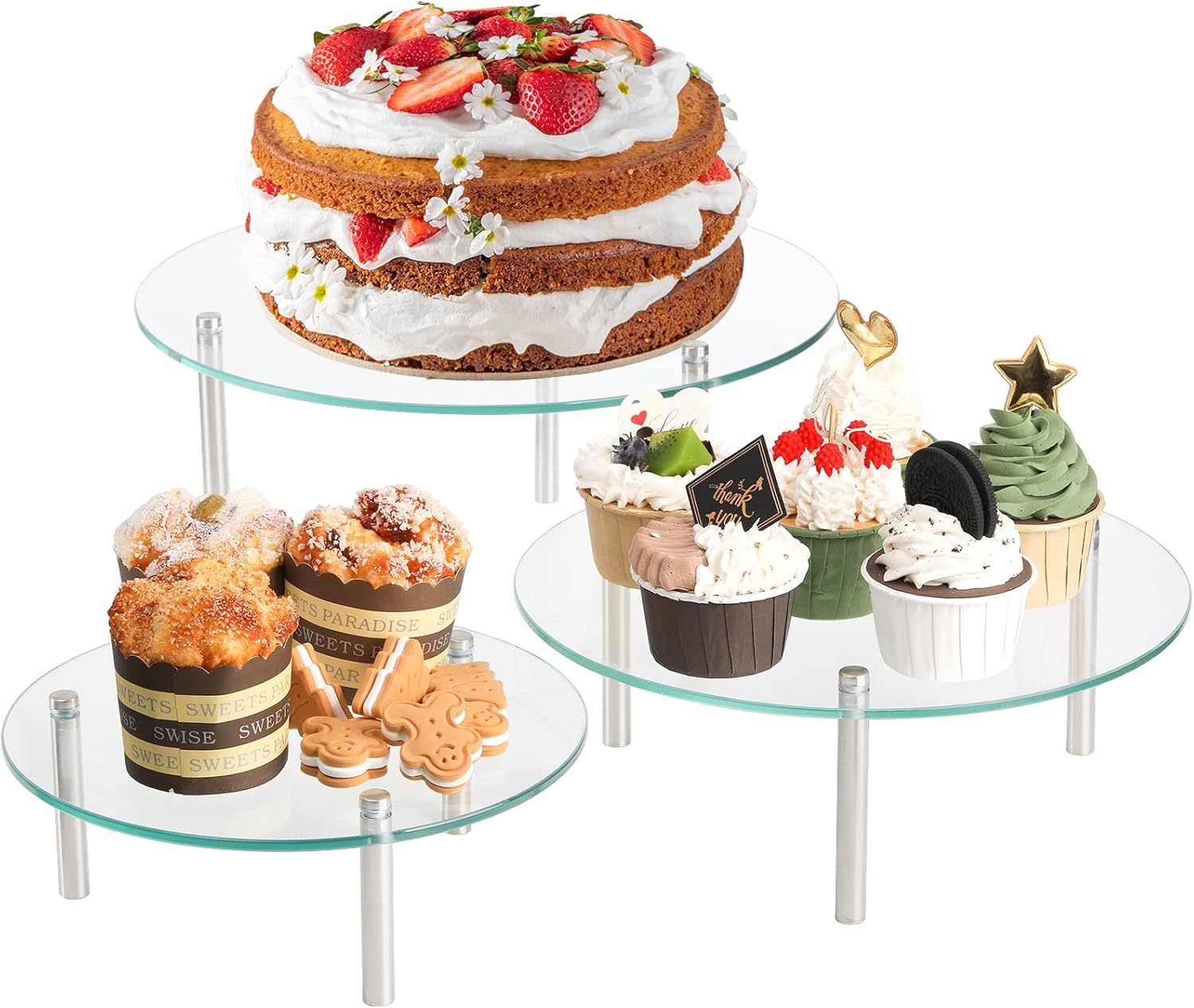 Hacaroa 3 Pcs Tempered Glass Cupcake Stands, 9,11,12.6 Inch Round Food Display Stand Clear Retail Risers for Cakes, Desserts, Pastries, Appetizers
