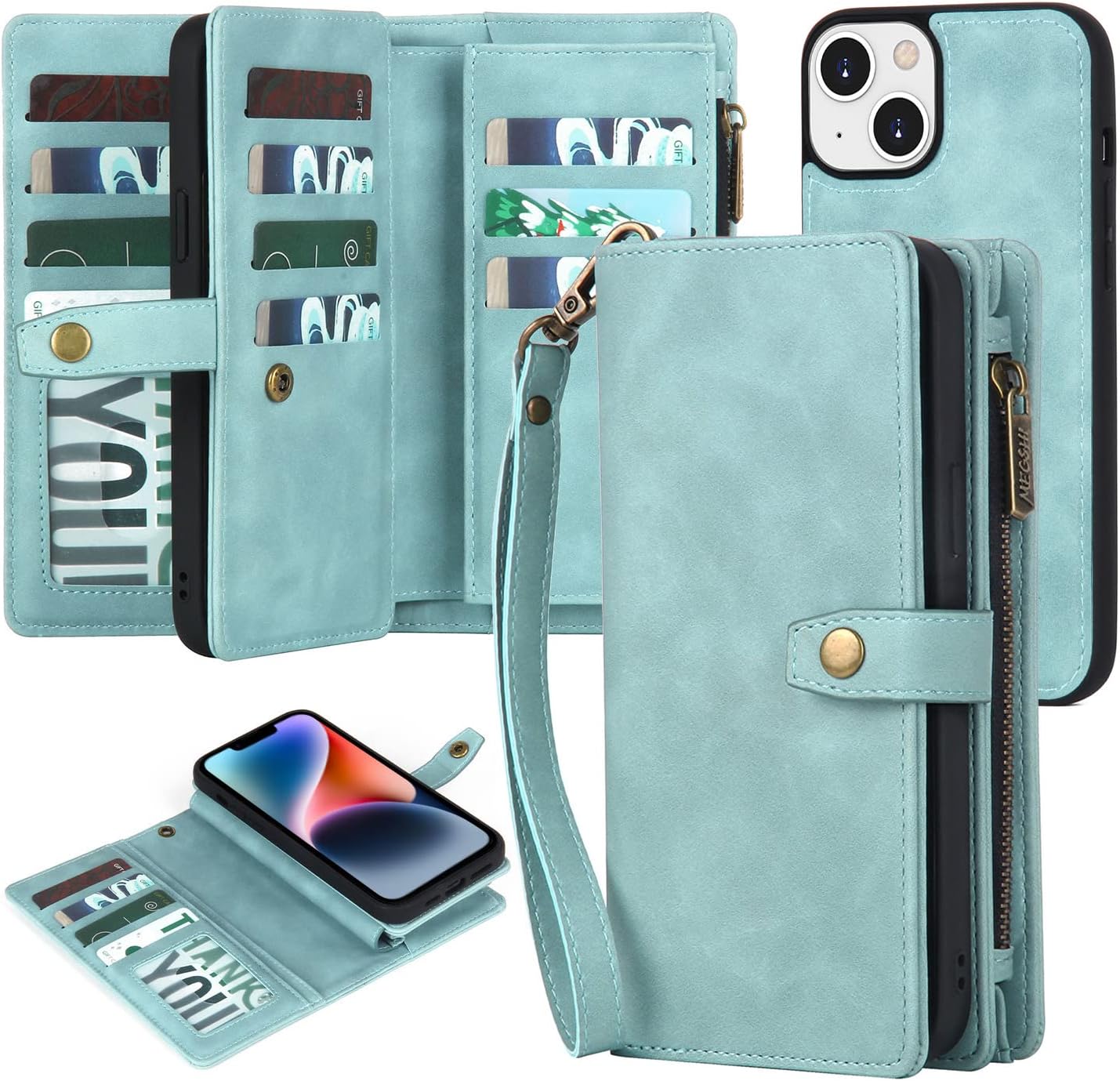 TwoHead for iPhone 14 Plus Wallet Case with Card Holder & Detachable Magnetic Phone Case, PU Leather Wallet for Women/Men, with Wrist Strap(6.7 in,Dream Blue)