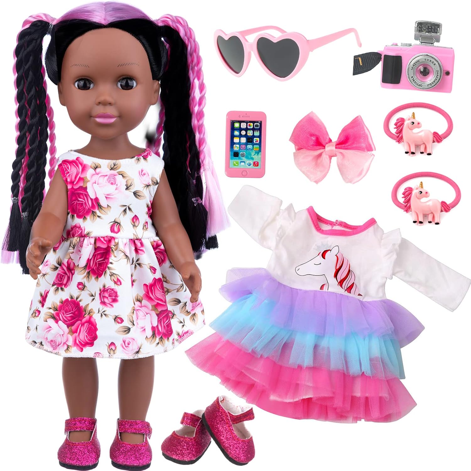 ZNTWEI 14.5 Inch Black Baby Doll and Clothes Accessories Set Handmade Braid Hair African American Baby Doll Gifts for Kids Aged 2 3 4 5 6 7 Years Girls