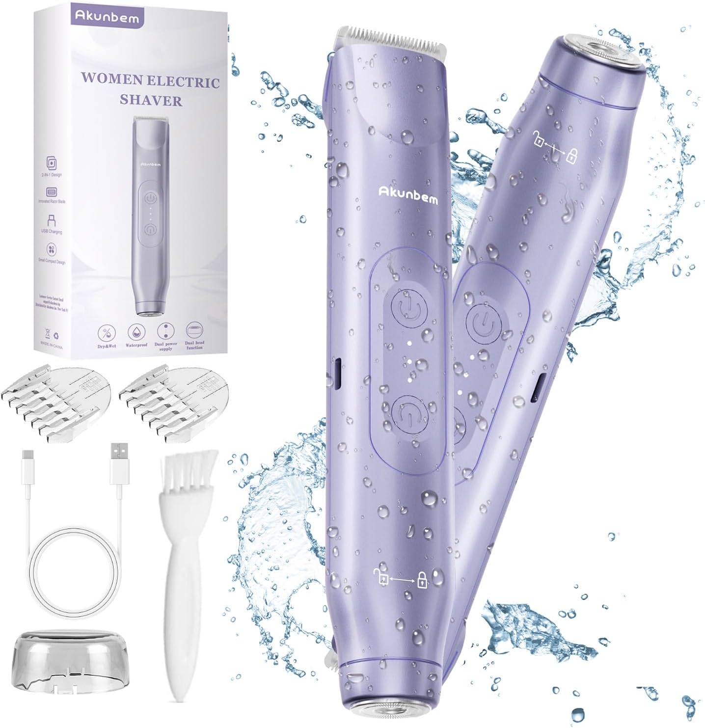 Akunbem Bikini Trimmer for Women - 2 in 1 Electric Razors for Women - Dual Head Electric Shaver - IPX7 Waterproof Wet & Dry Use Body Hair Trimmer and Facial Hair Remover for Bikini Underarm Leg Arm