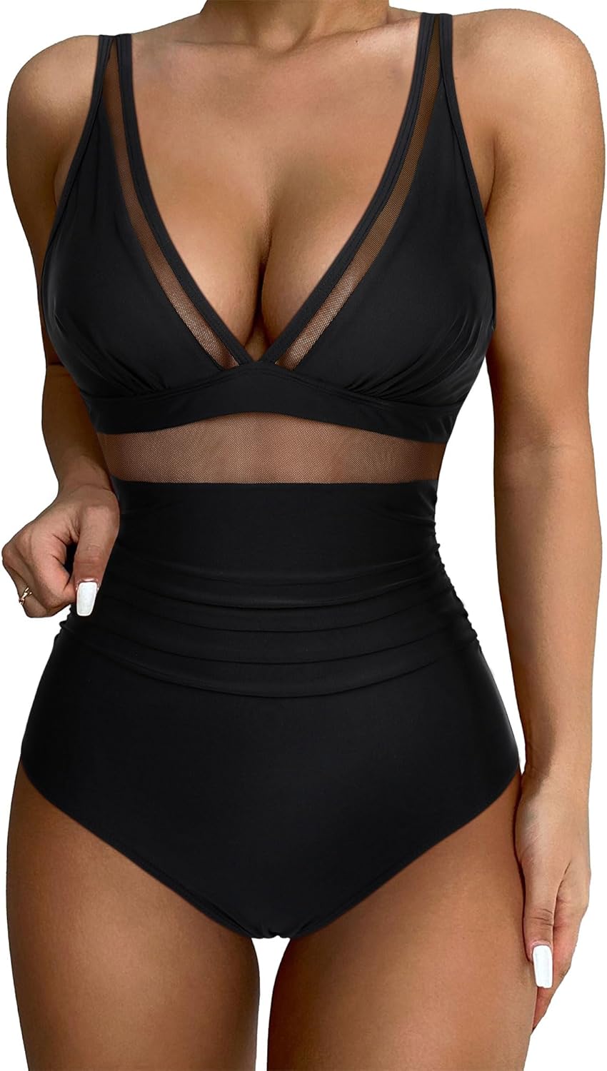 DOULAFASS Sexy Mesh Swimming Costume Women Tummy Control Swimsuit V Neck Padded One Piece Swimwear