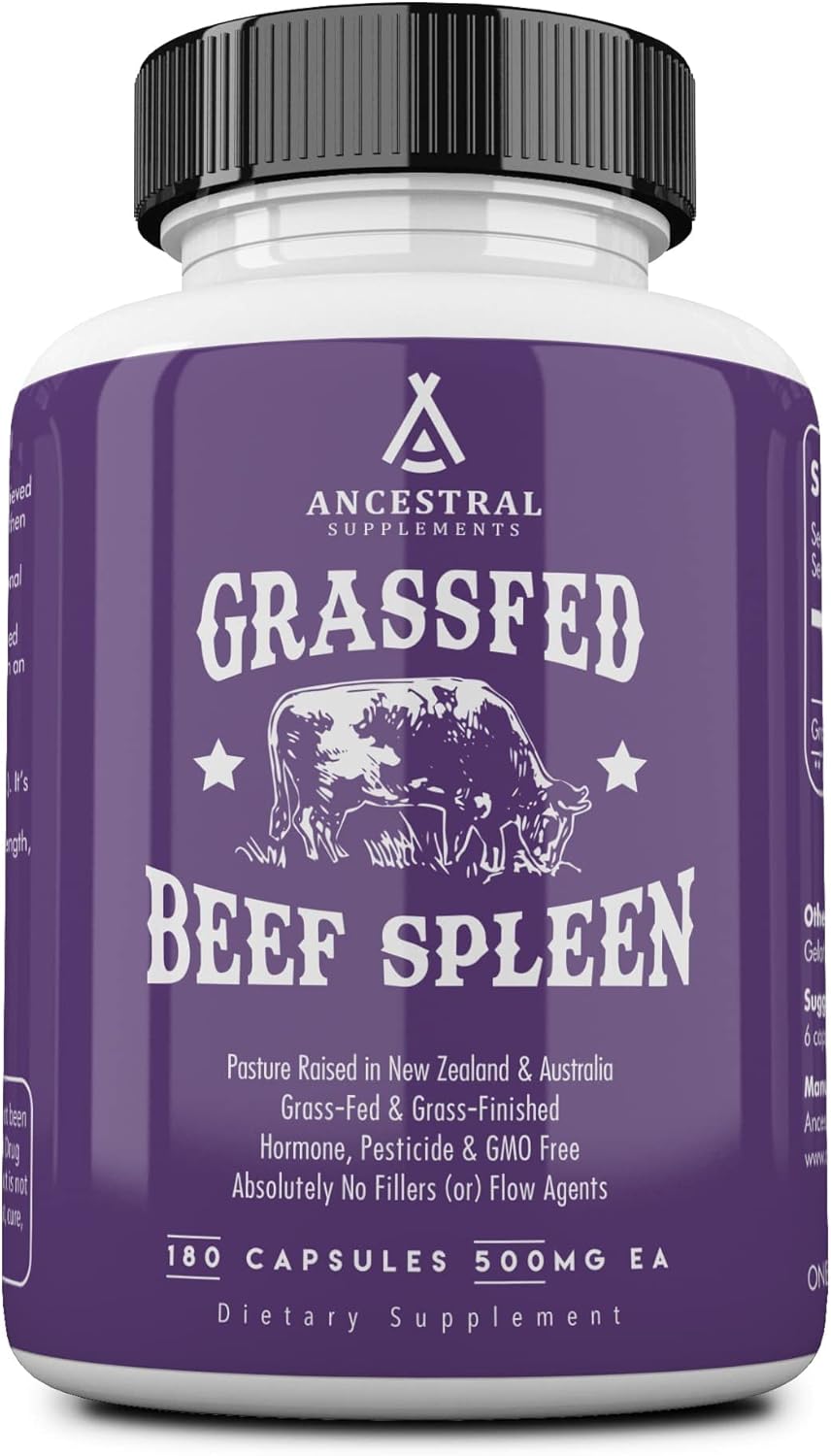 Ancestral Supplements Grass Fed Beef Spleen Supplement, 3000mg Beef Organ Spleen Support Formula Promotes Digestive, Immune, Iron, Energy and Allergy Health, Non GMO, 180 Capsules