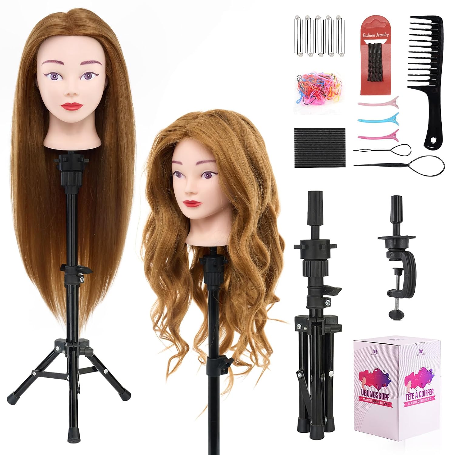 Mannequin Head 80% Human Hair with Tripod Stand, 28 Inch Cosmetology Manikin Head Braiding Mannequin Head with stand, Hairdressing Training Practice Doll Head for Hair Styling with Table Clamp