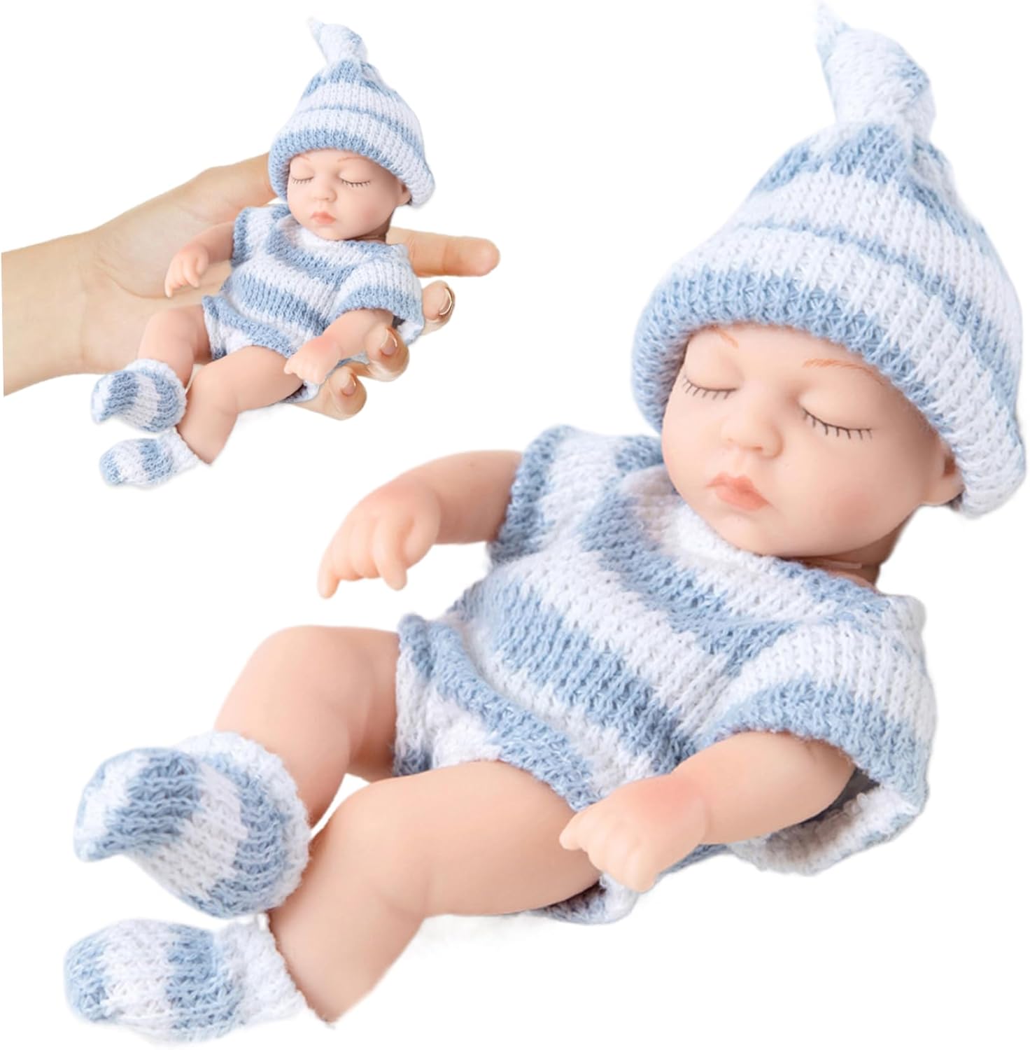 KDAMGOQE Silicone Baby Doll, Mini Silicone Baby Dolls, Mini Dolls, 7 Inch Realistic Newborn, Soft Full Body with Clothes, Babies for Children's Gifts, Blue