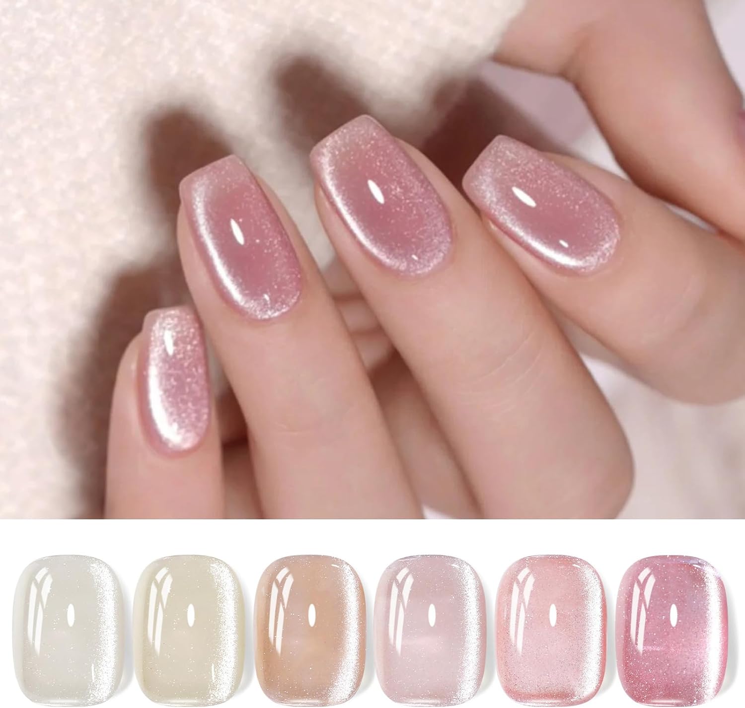 BORN PRETTY 6 Colors Jelly Nude Pink Cat Magnetic Eye Gel Polish Set with Magnet, Soak-Off U V/LED Iridescent Cat Gel for Nail Art Salon DIY Home