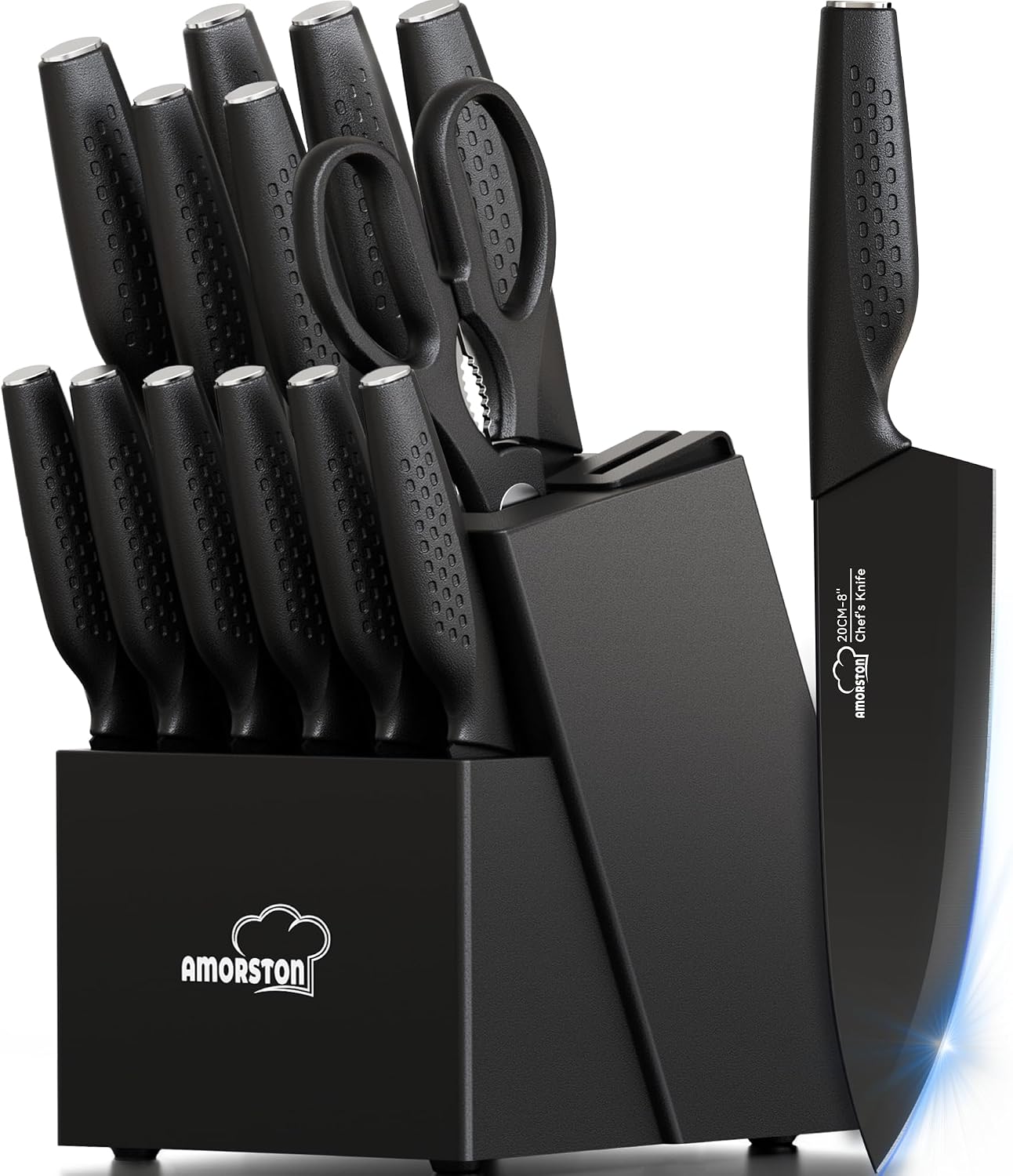 Knife Set, 15 Pieces Kitchen Knife Set with Block Built in Sharpener, Dishwasher Safe, German Stainless Steel Knife Block Set, Elegant Black