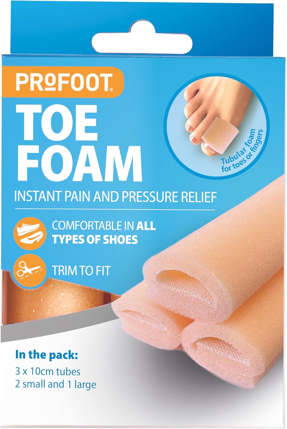 Profoot Toe Foam - Instant Pain Relief for Bunions and Corns - Soft Foam Toe Tubes - Foam Toe Protectors - Relieves Pressure and Friction - 3 Tubes, 2 Small and 1 Large