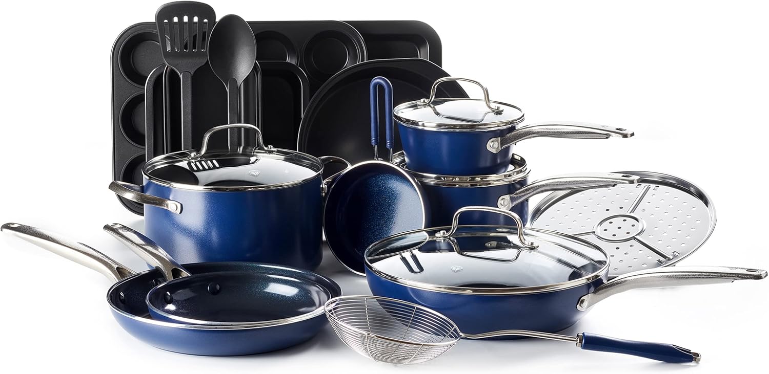 Blue Diamond 20 Piece Cookware and Bakeware Set, Diamond Infused PFOA PFAS-Free Ceramic Nonstick Pots and Pans, Durable Nontoxic Metal Utensil Safe & Scratch Resistant, Dishwasher & Oven Safe, Blue