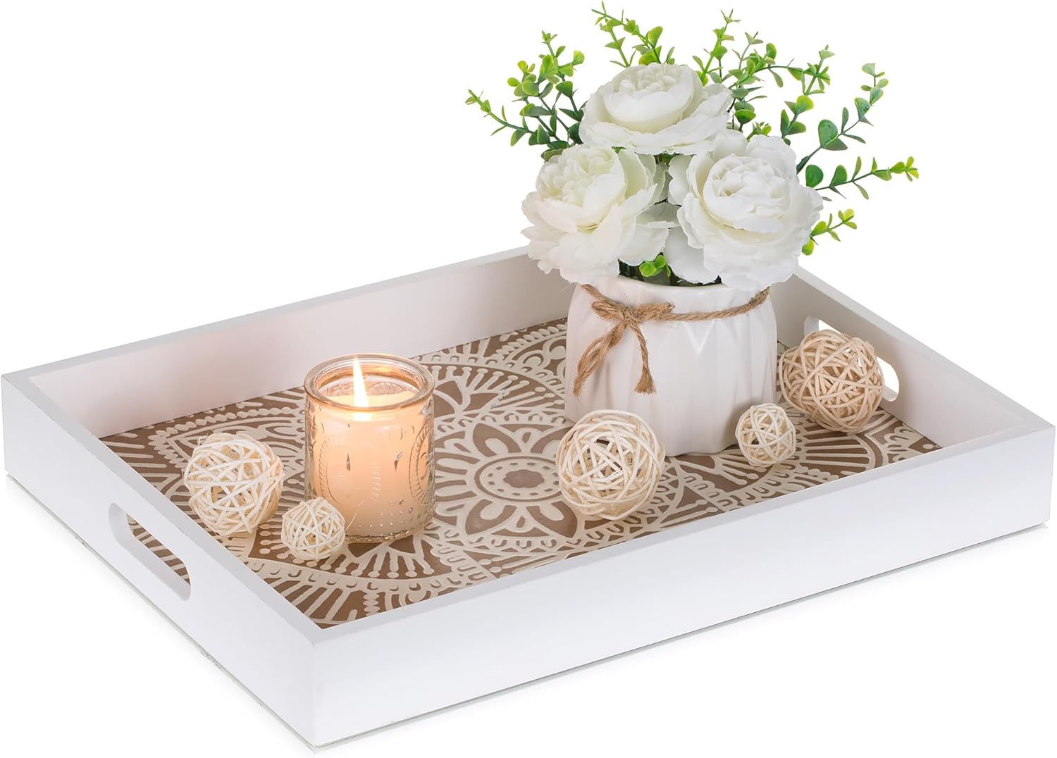 Hanobe Decorative Serving Tray White: Coffee Table with Handles for Ottoman Centerpiece Decor - Rectangular Rustic Floral Boho Wooden for Living Room Bathroom Counter