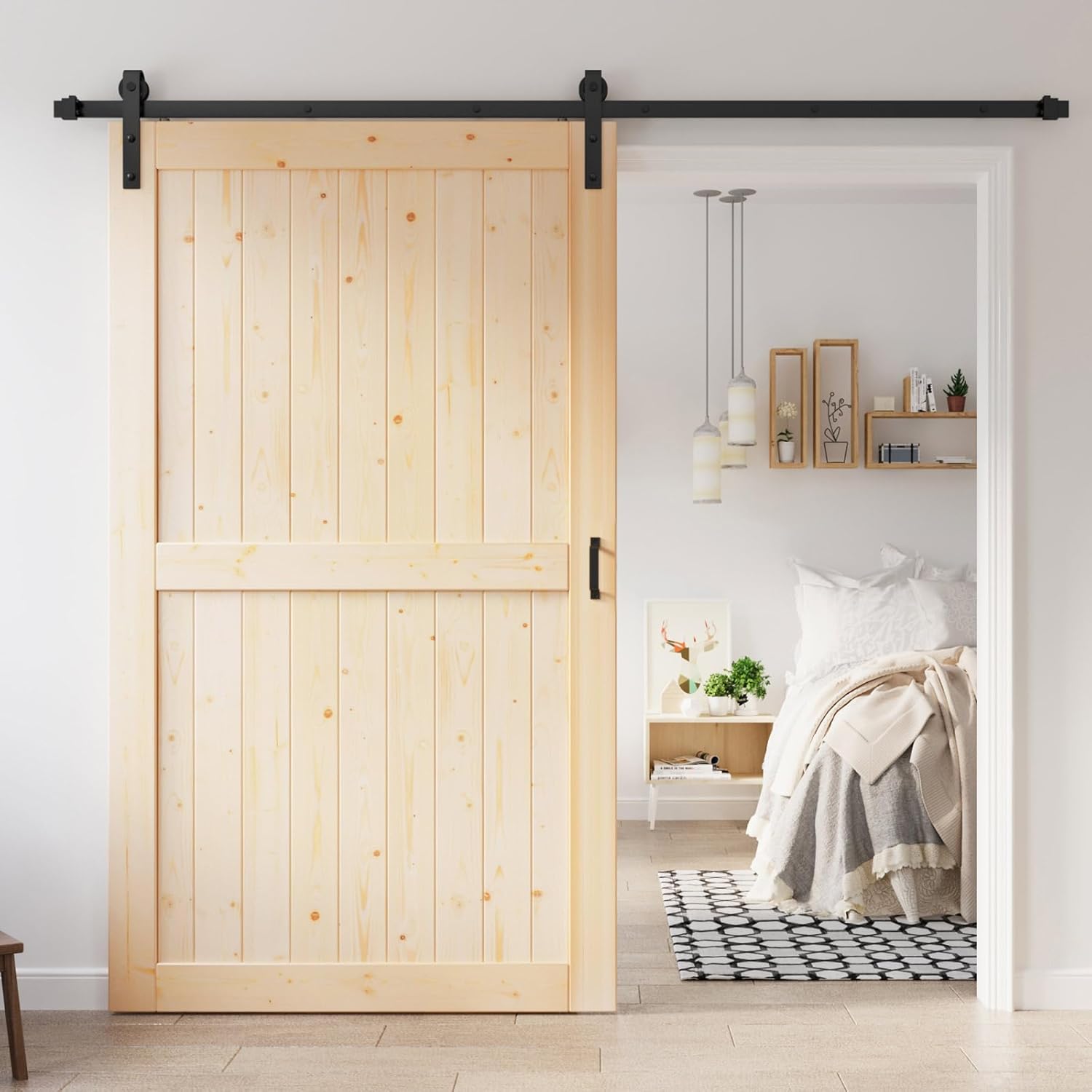 48x84 inch Sliding Barn Wood Door Slab with 8ft Hardware Kit, Requires Simple DIY Assembly