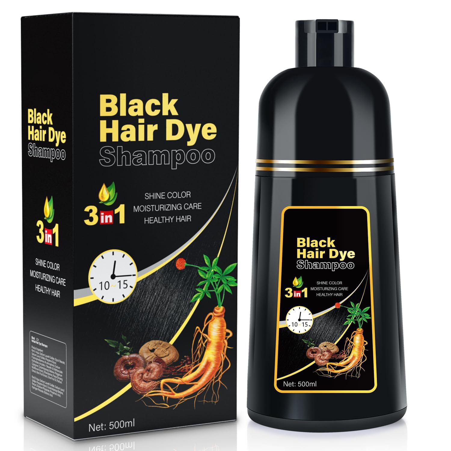 Natural Black Hair Dye Shampoo Instant & Easy 3-in-1 Hair Color Solution for Men and Women - Herbal Formula, Ammonia-free, Lasts 30 Days - 16.90 oz