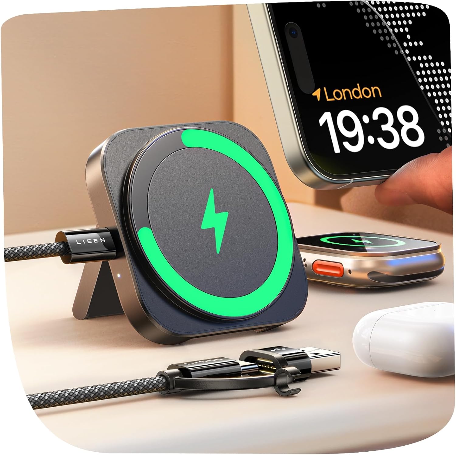 LISEN Travel Magsafe Wireless Charger for iPhone 16 Apple Watch, Mag Safecharger Charging Station Pad Portable Magnetic Charger Stand Dock Desk Accessories for iPhone 16 Pro Max 15 13 12 14 Pro iWatch