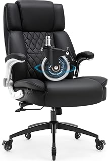 High Back Office Chair with Locking Wheels, Large Executive Desk Chair, Flip Arms Adjustable Lumbar Support, Ergonomic Synthetic Leather Computer Chair Prevents Cats Scratching, Thick Padded, Black
