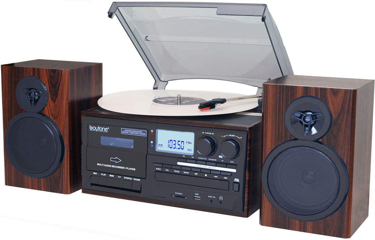 Boytone BT-28MB, Bluetooth Classic Style Record Player Turntable with AM/FM Radio, CD/Cassette Player, 2 Separate Stereo Speakers, Record from Vinyl, Radio, and Cassette to MP3, SD Slot, USB, AUX