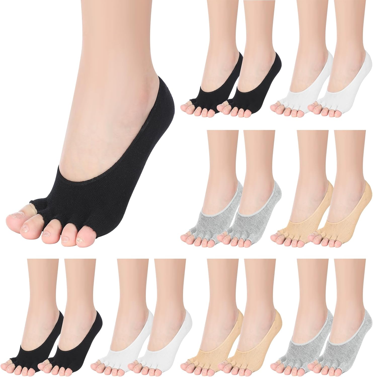 8 Pairs Toe Liner Socks Women Five Toeless Open Toe Sock for Summer Sandal with Nonslip Heel Gripper