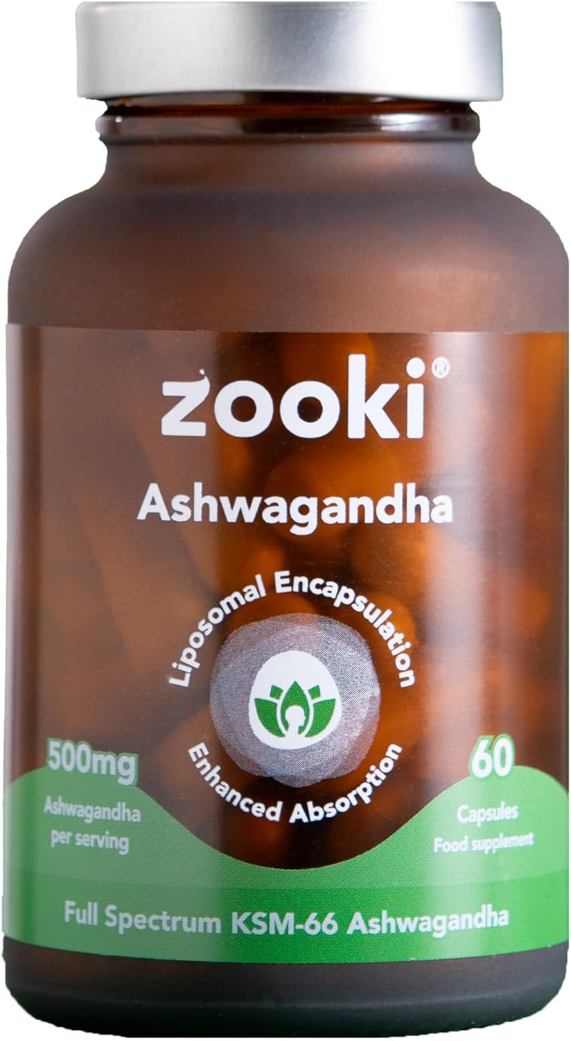 Zooki High Strength Liposomal Ashwagandha Capsules 500mg KSM-66 | 4X Higher Absorption | Support Stress, Sleep, Brain Health (60 Capsules, 1 Month Supply)