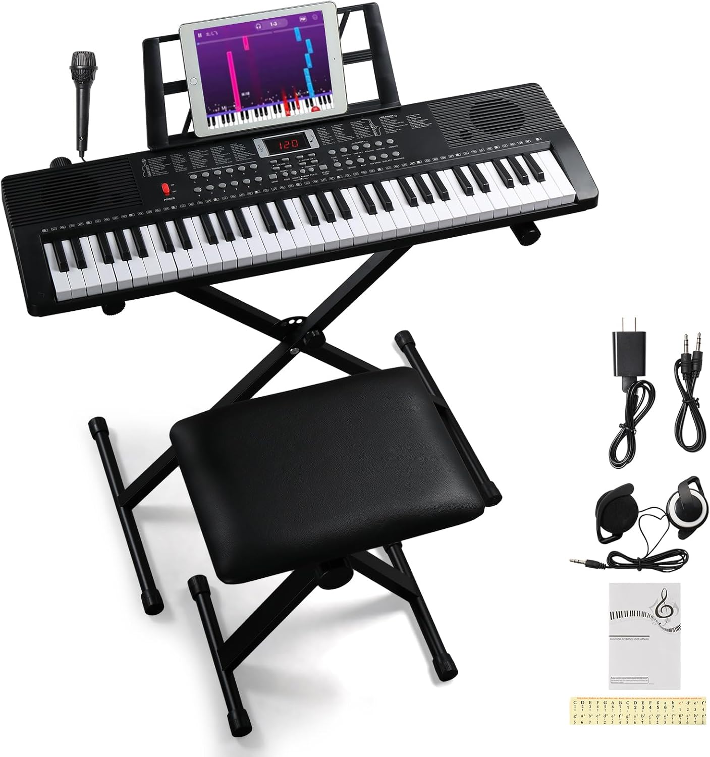 Ktaxon 61 Key Keyboard Piano Portable Electronic Keyboard Piano w/Stable X-Stand, Adjustable Stool, Removal Music Rest, Headphones, Microphone and Note Stickers, Piano for Kids(Gloss Black)