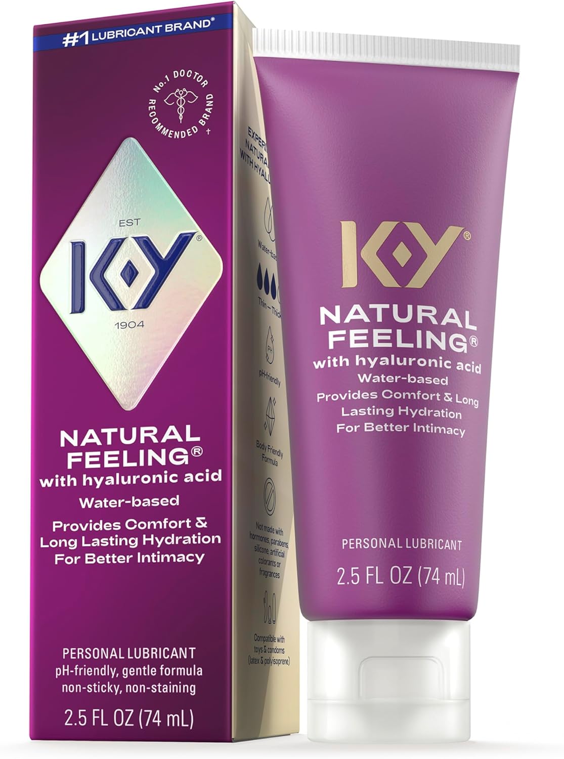K-Y Natural Feeling with Hyaluronic Acid, Water Based Lube for Sex, Sex Toy & Anal Lube, Non-Sticky & pH-Friendly Personal Lubricant, Condom-Friendly, Travel Size, 2.5 Fl Oz
