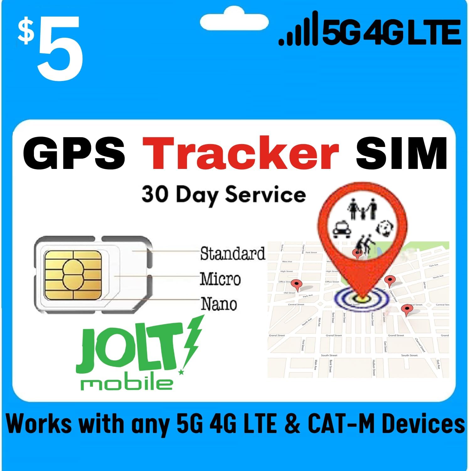 Jolt Mobile $5 Preloaded GSM SIM Card for 5G 4G LTE GPS Trackers for Pet Kids Senior Vehicle Car Activity Tracking Devices | 30 Days Wireless Service in The US with Canada & Mexico Roaming