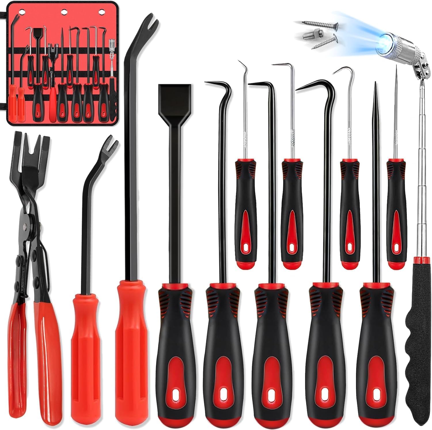 13 Pcs Precision Pick and Hook Set with Scraper, Clip Pliers, Fastener Remover and Magnetic Telescoping Tool Kit for Remove Automotive,Upholstery and Electronics Maintenance Pick Tools
