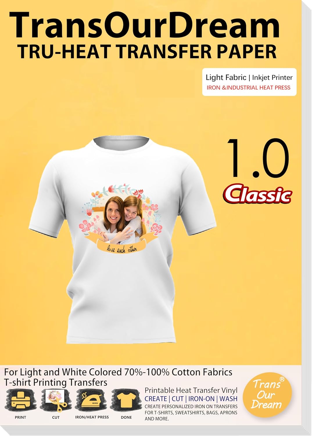 TransOurDream Heat Transfer Paper for T Shirts (20 Sheets, 8.5x11") Printable Heat Transfer Vinyl for Inkjet Printer Iron on Transfers for Light & White Fabrics (Trans-1)