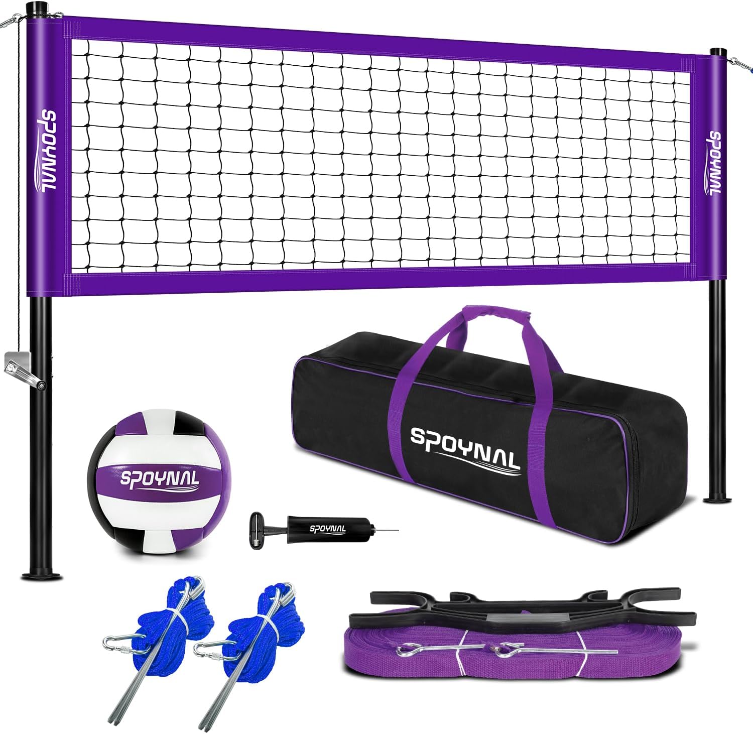 Outdoor Portable Volleyball Net Set with Adjustable Height Steel Poles, Volleyball, Anti-sag Winch System, Pump, Boundary Line, and Carry Bag for Backyard, Beach, Lawn